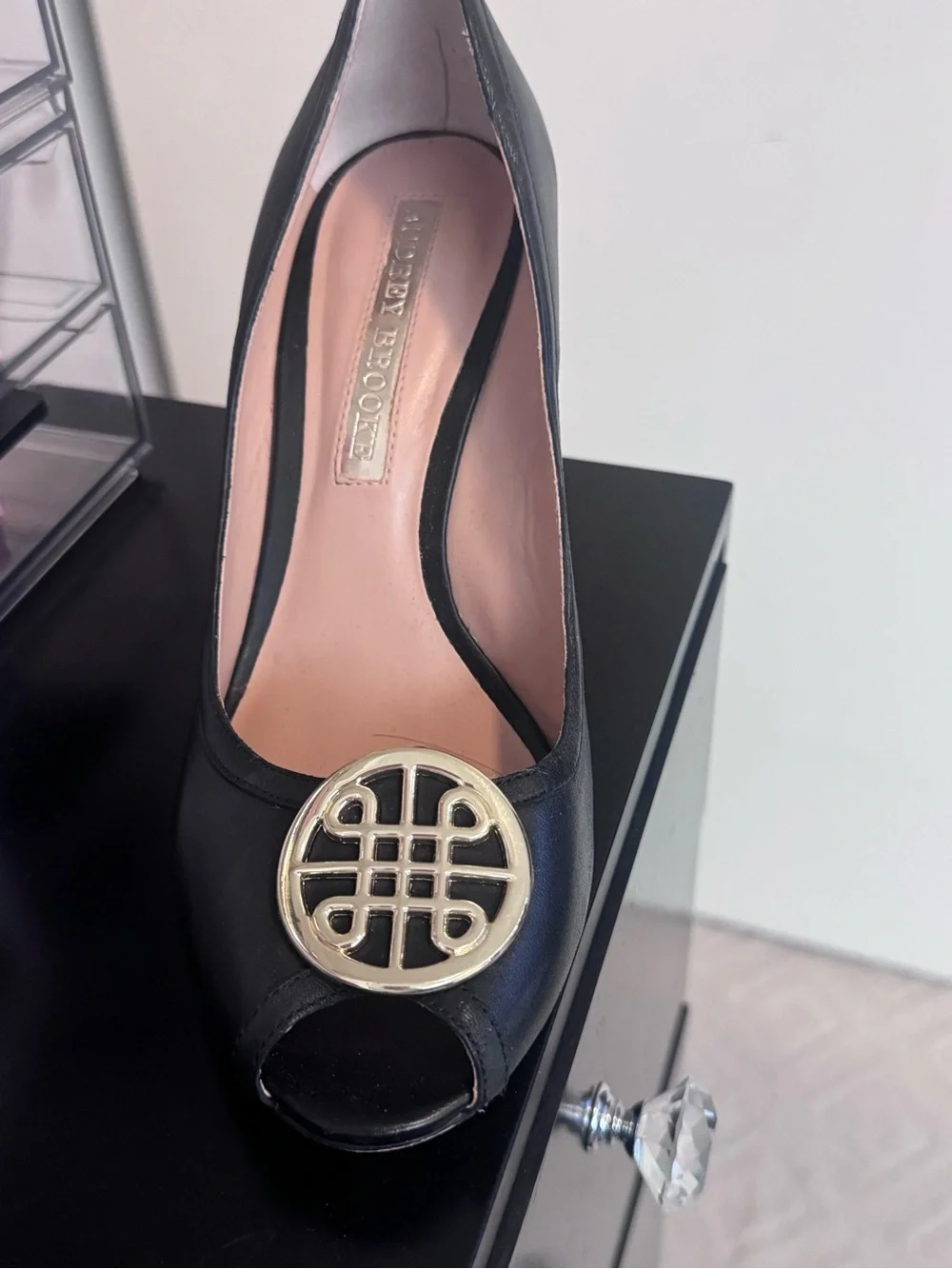 Classic Black Wedge Pump with Gold Emblem
